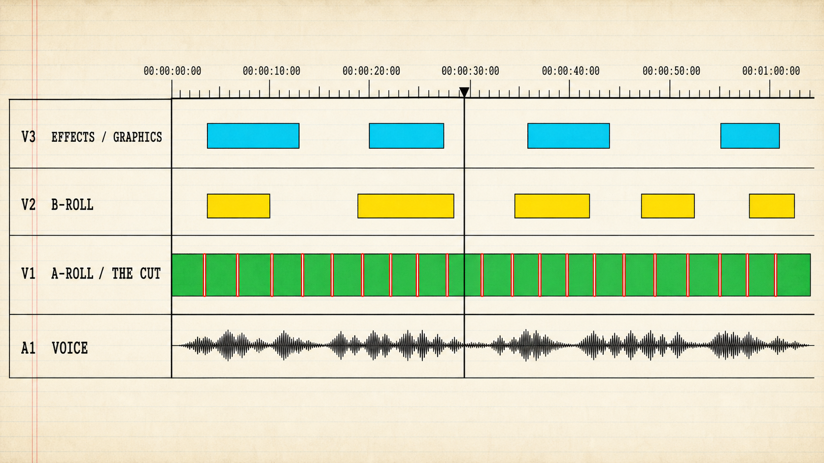 Editing timeline after carry-forward: track V1 holds the continuous green A-roll cut with red cut marks, track A1 the voice waveform, while B-roll on V2 and effects and graphics on V3 sit above as separate clips