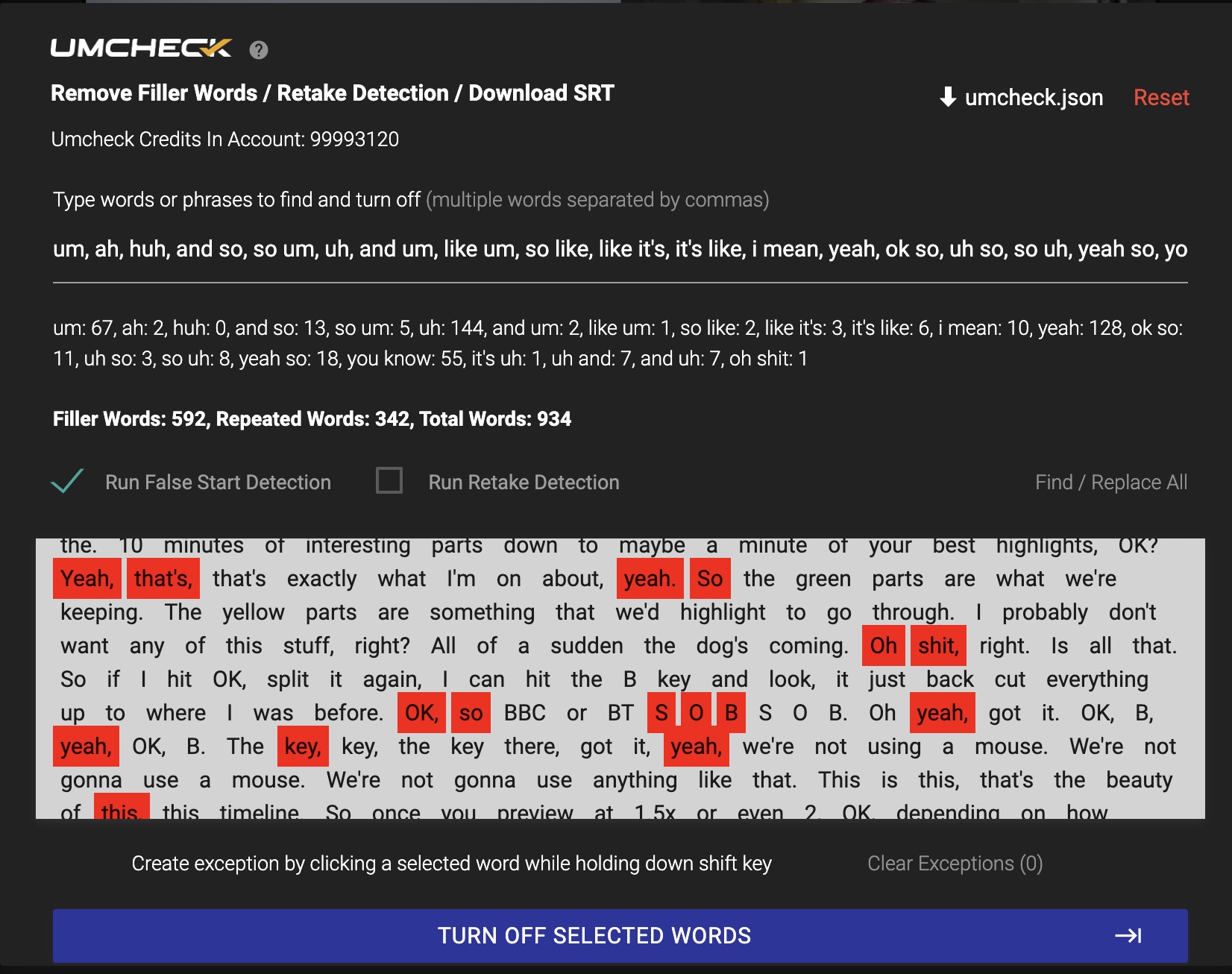 934 filler words left in Recut output — identified by TimeBolt UmCheck