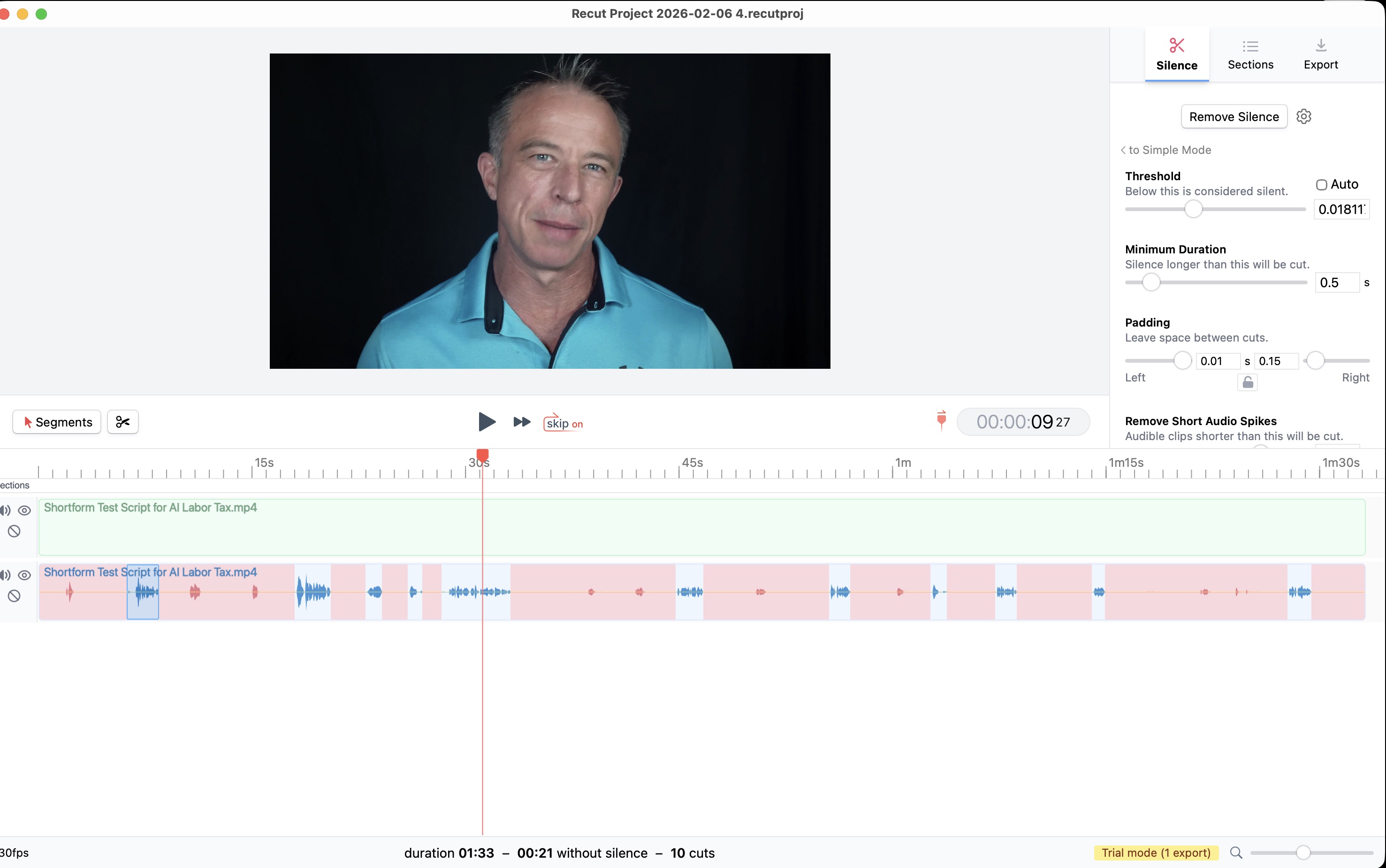 Recut interface on short-form benchmark test