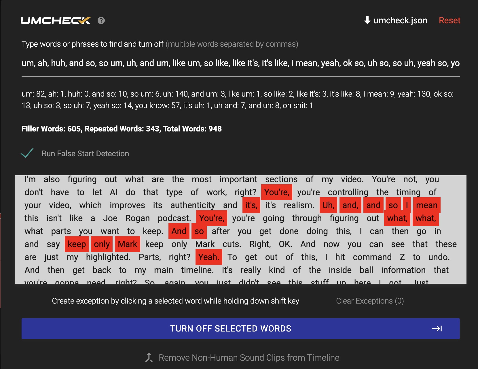 TimeBolt UmCheck results — 948 filler words detected and removed automatically